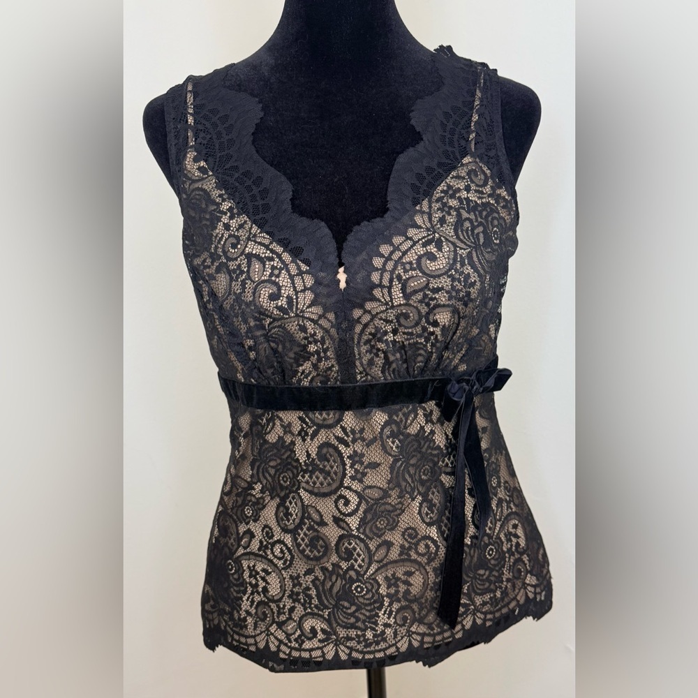 Loft black lace sexy chic babydoll sleeveless top empire waist velvet bow 4P EC